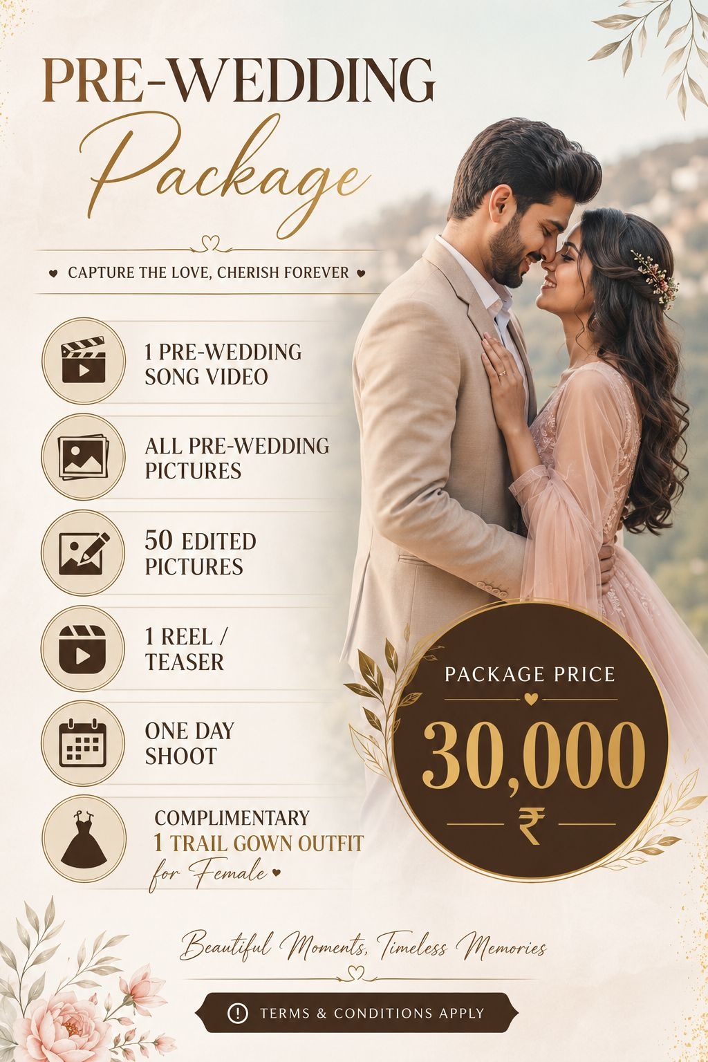 Pre-wedding package with one day shoot, song video, pictures, 50 edited images, and teaser