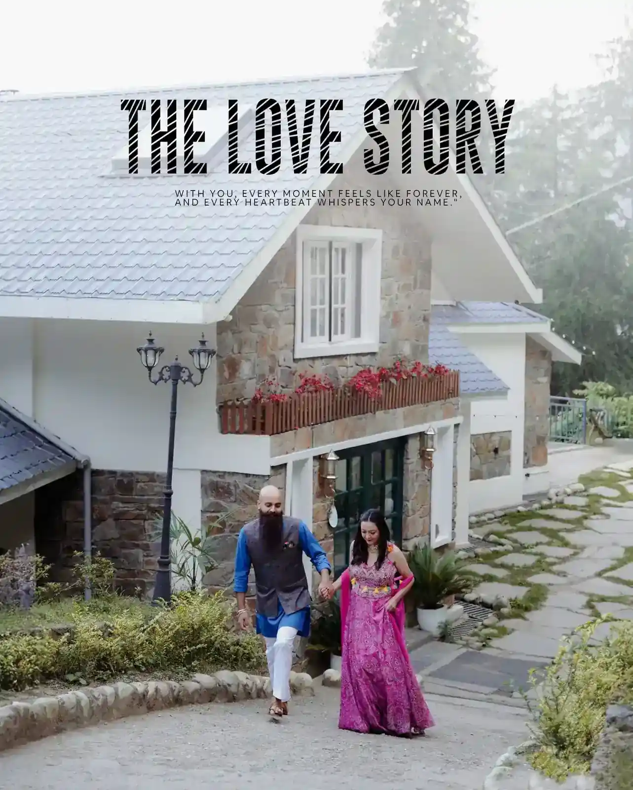 Romantic couple walking hand in hand outside a cottage wedding photoshoot