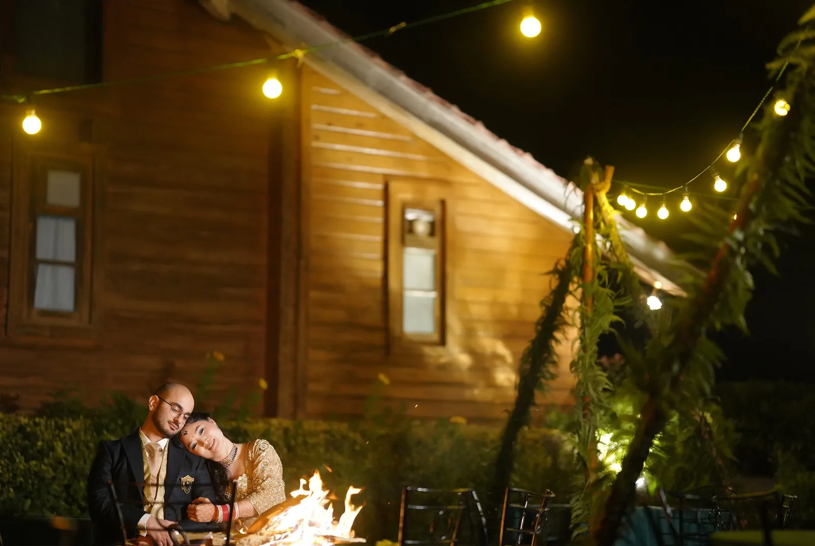 Couple posing outdoors during a romantic photoshoot.