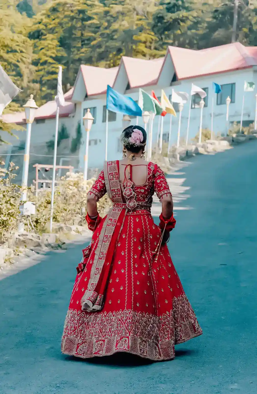 Bride and groom sharing a joyful moment during their wedding photoshoot