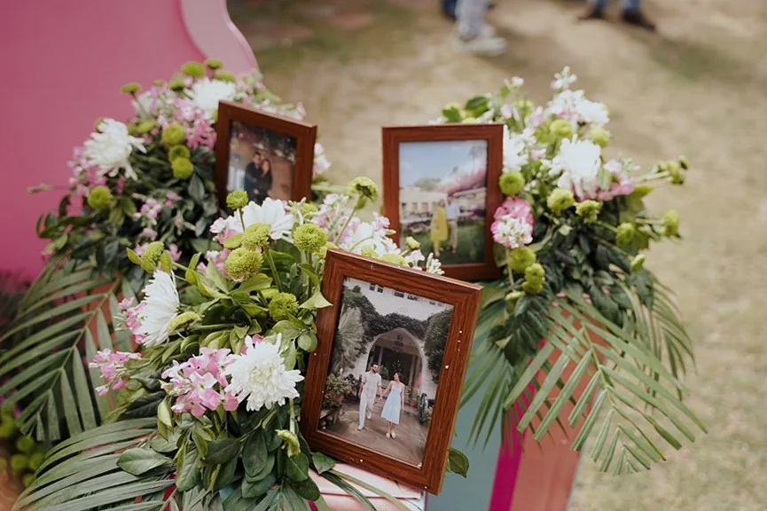 Couple standing together for a formal wedding photograph.