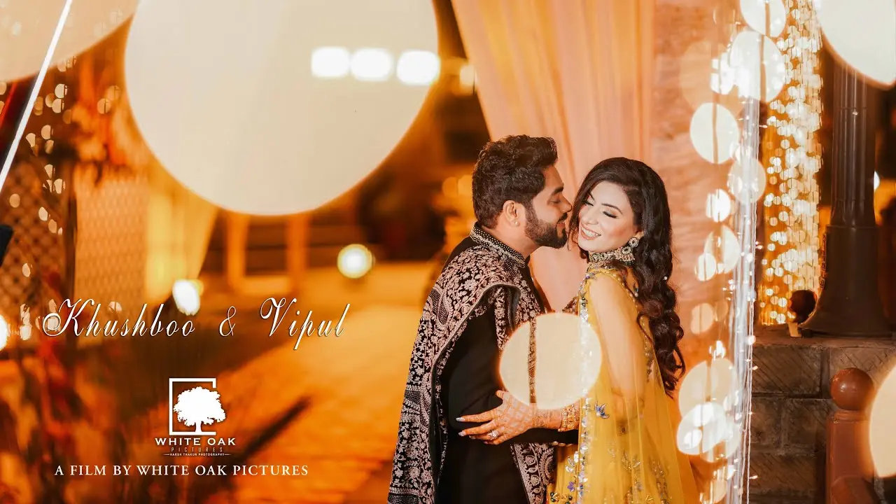 YouTube video thumbnail featuring a cinematic wedding or pre-wedding scene