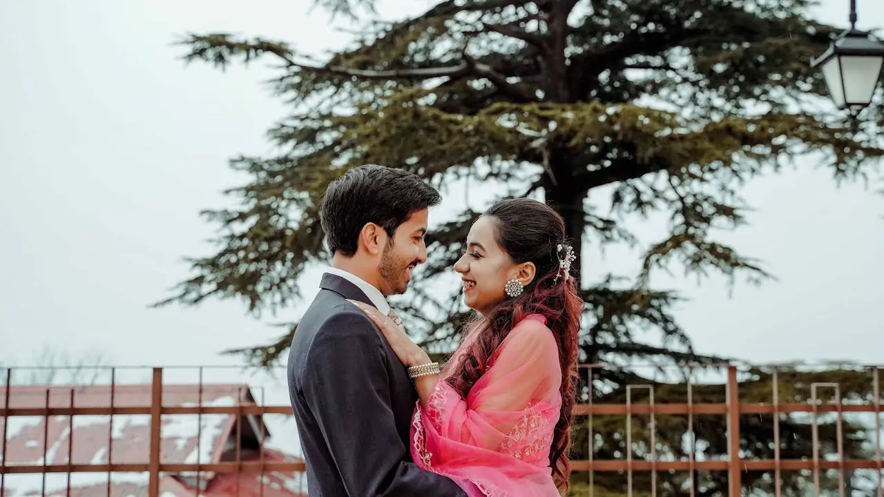 YouTube video thumbnail featuring a cinematic wedding or pre-wedding scene